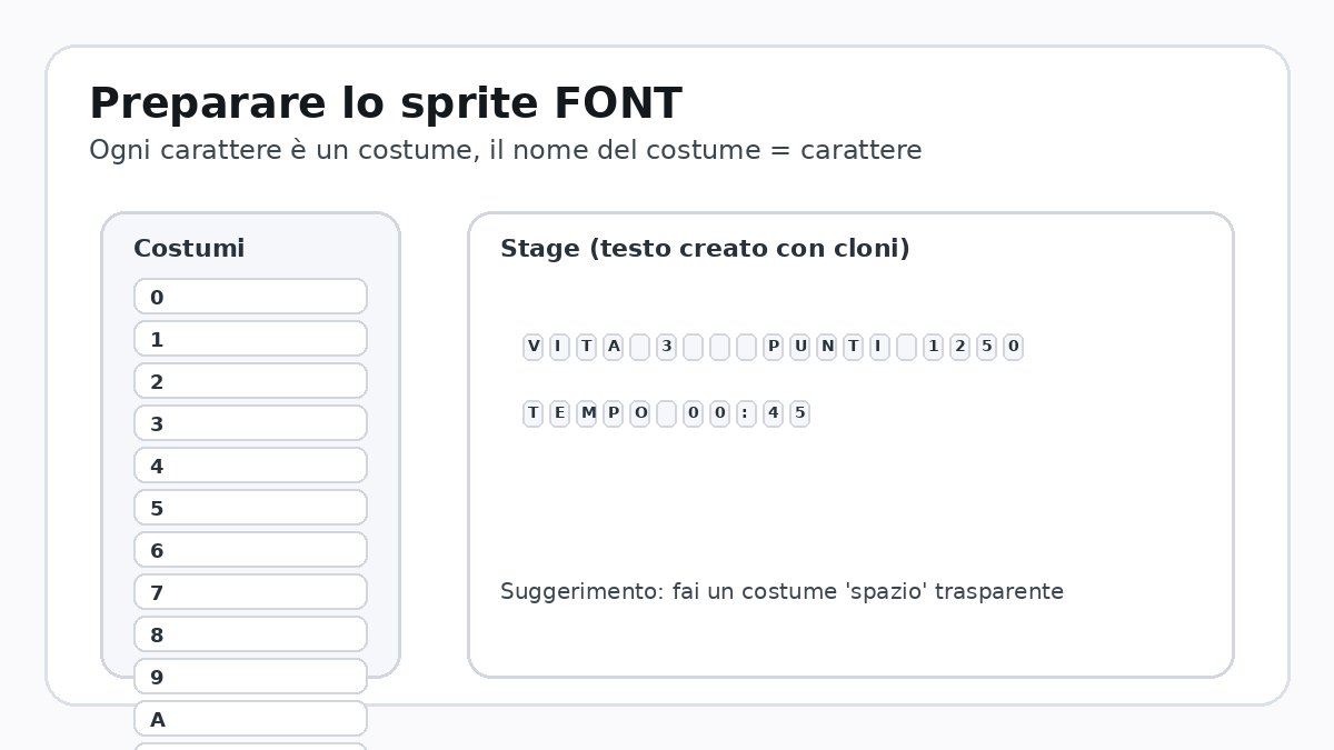 Scrivere sullo schermo in Scratch con sprite font e cloni